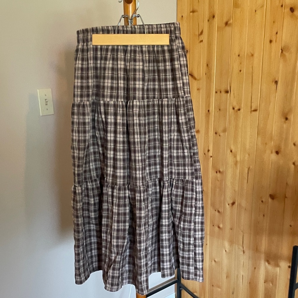 Plaid Tiered Maxi Skirt - Brown and Beige